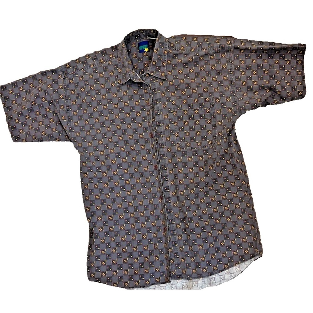 Vintage 90s Star Hits Button Up Shirts Men's-XL Abstract Geometric Print 100%